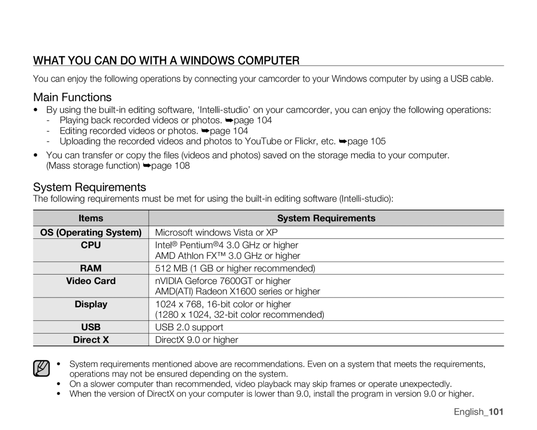 Samsung SMX-K45BN, SMX-K44SN What YOU can do with a Windows Computer, Main Functions, Items System Requirements 