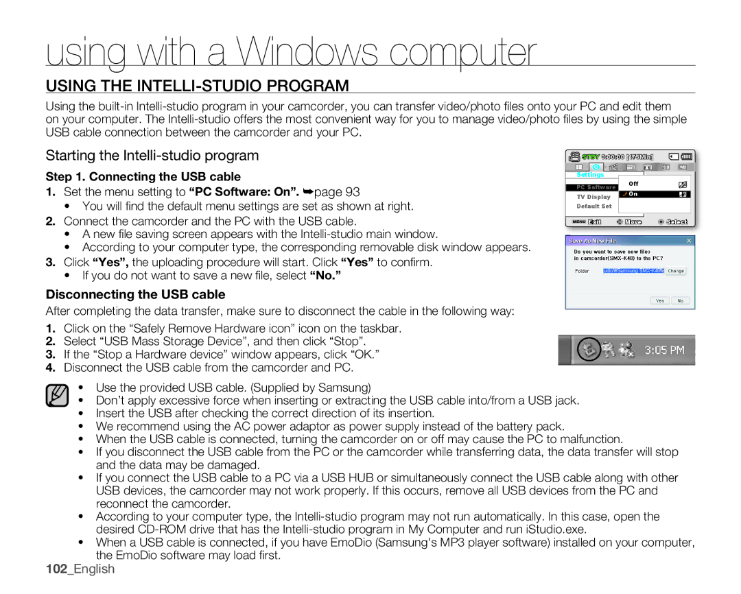Samsung SMX-K44BN Using the INTELLI-STUDIO Program, Starting the Intelli-studio program, DisconnectingtheUSBcable 