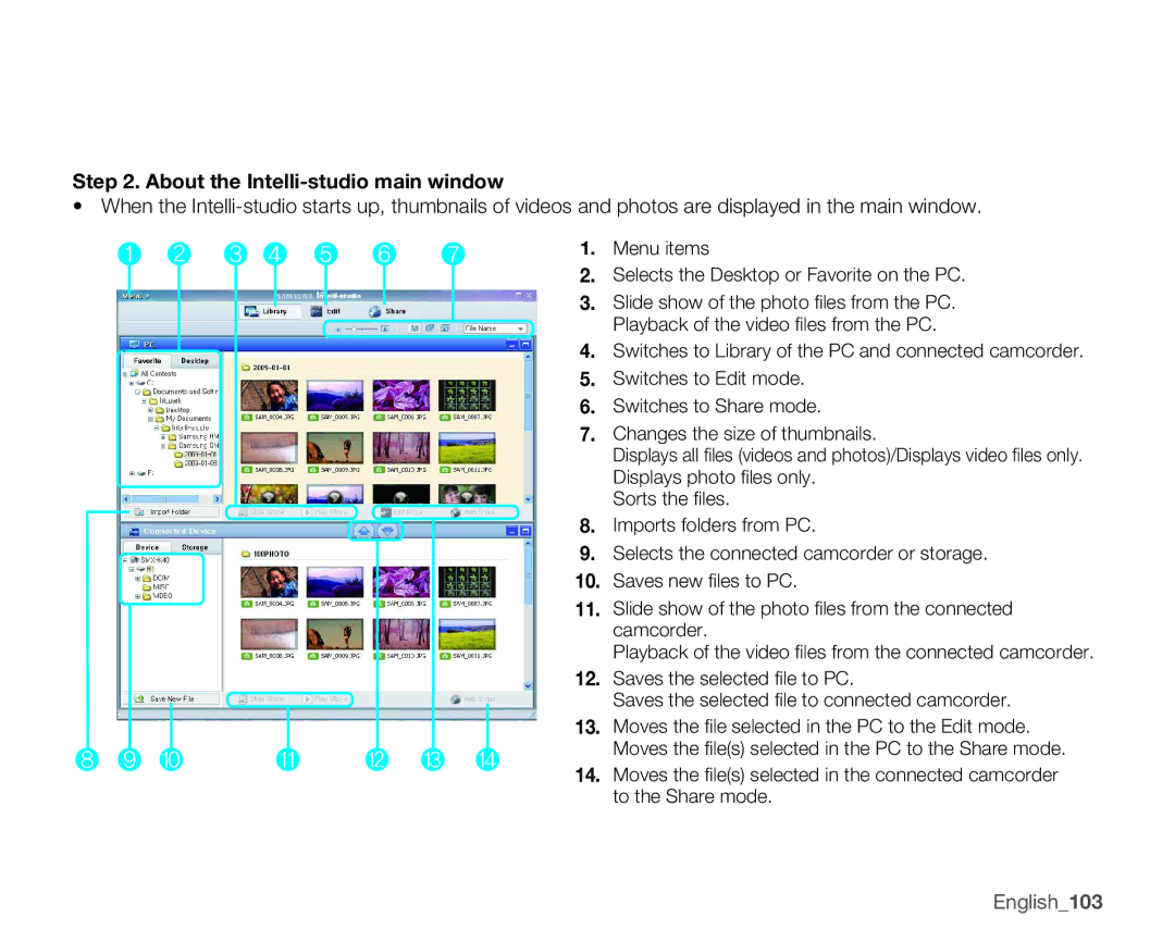 Samsung SMX-K44SN, SMX-K45SN About the Intelli-studio main window, Menu items Selects the Desktop or Favorite on the PC 