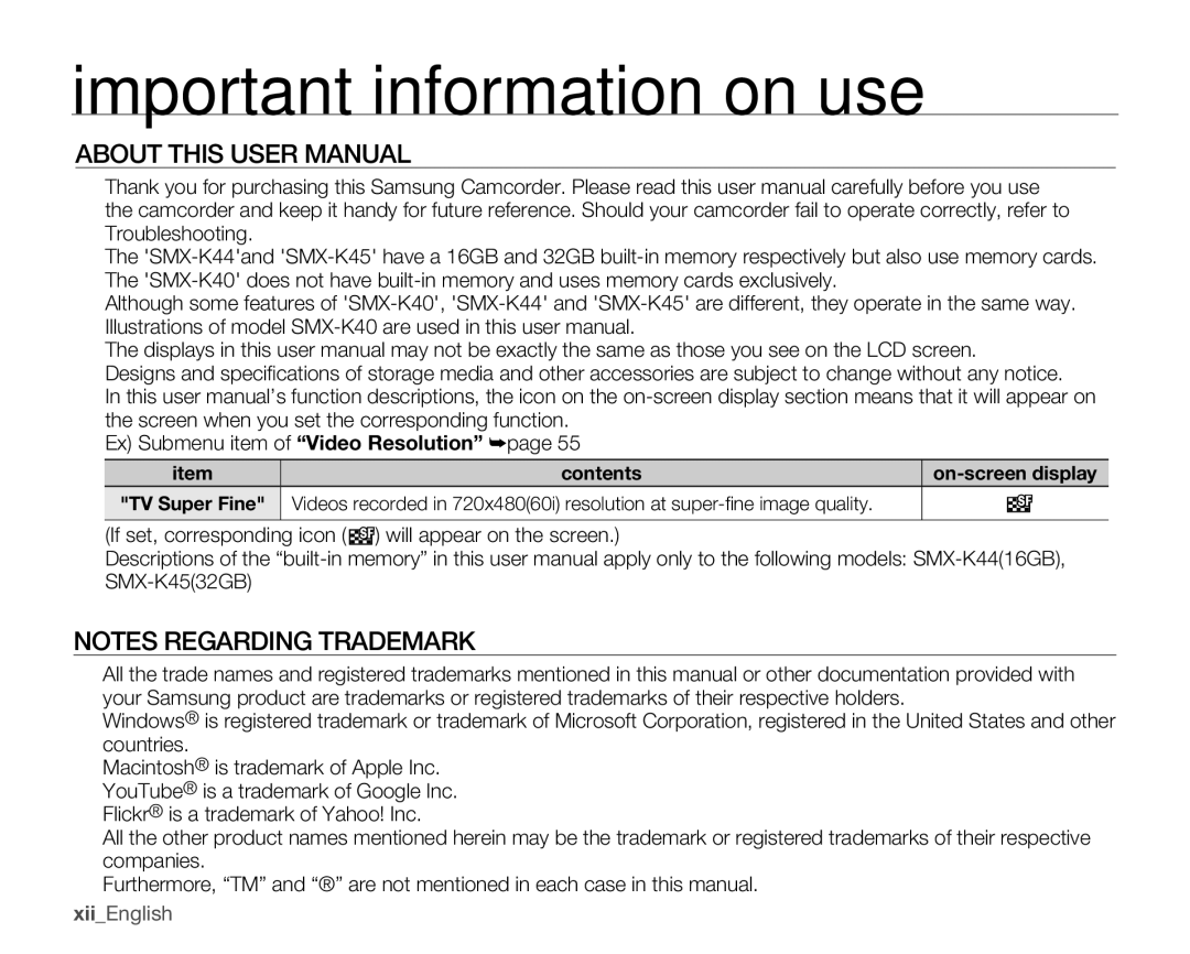 Samsung SMX-K44LN, SMX-K44SN, SMX-K45SN, SMX-K40BN, SMX-K40SN, SMX-K40LN, SMX-K45LN, SMX-K45BN, SMX-K44BN user manual Contents 