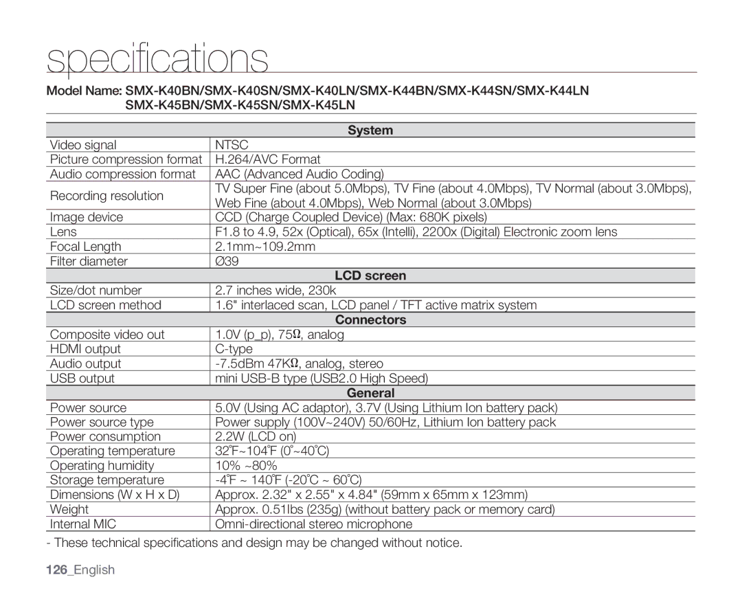 Samsung SMX-K40LN, SMX-K44SN, SMX-K45SN Specifications, Video signal, Web Fine about 4.0Mbps, Web Normal about 3.0Mbps 