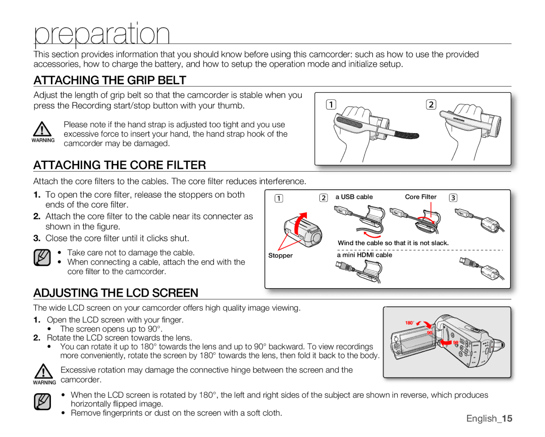 Samsung SMX-K40BN, SMX-K44SN Preparation, Attaching the Grip Belt, Attaching the Core Filter, Adjusting the LCD Screen 