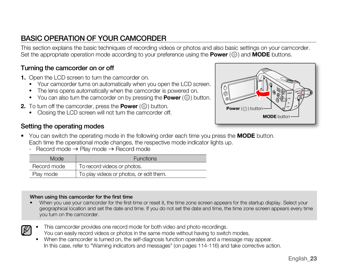 Samsung SMX-K45SN Basic Operation of Your Camcorder, Turning the camcorder on or off, Setting the operating modes 