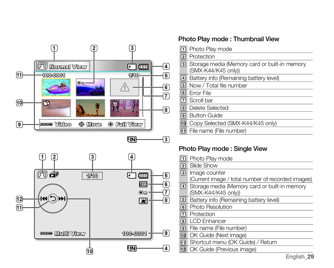 Samsung SMX-K45BN, SMX-K44SN, SMX-K45SN, SMX-K40BN, SMX-K44LN Photo Play mode Thumbnail View, Photo Play mode Single View 