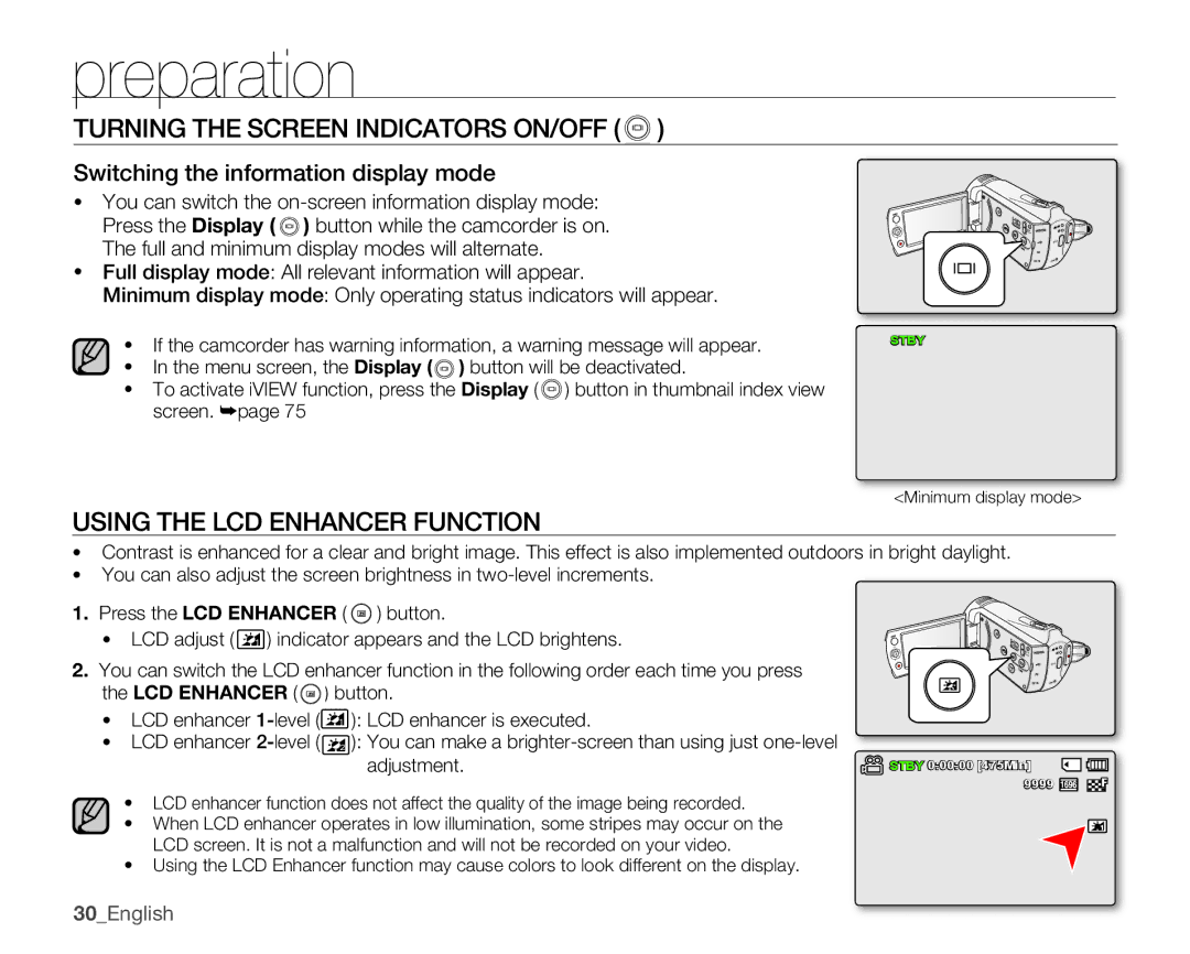 Samsung SMX-K44BN, SMX-K44SN, SMX-K45SN Turning the Screen Indicators ON/OFF, Using the LCD Enhancer Function, Adjustment 