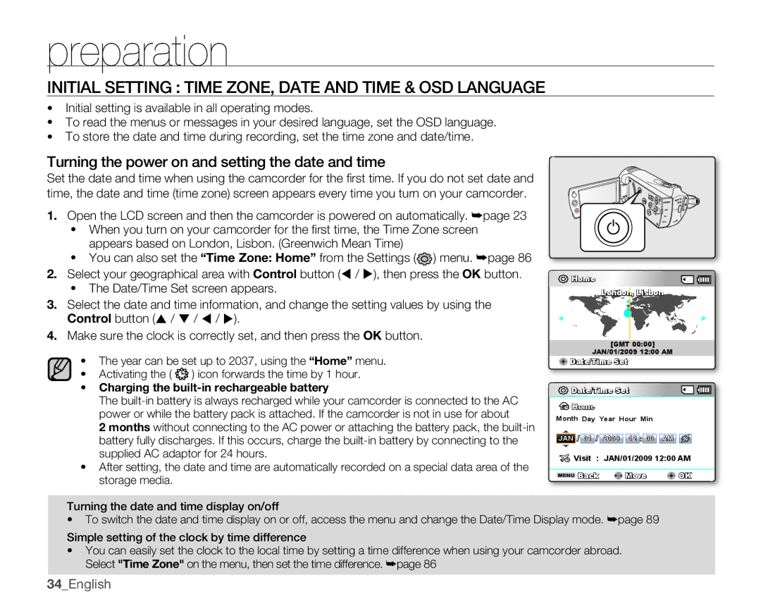 Samsung SMX-K44LN, SMX-K44SN, SMX-K45SN, SMX-K40BN, SMX-K40SN Initial Setting Time ZONE, Date and Time & OSD Language 