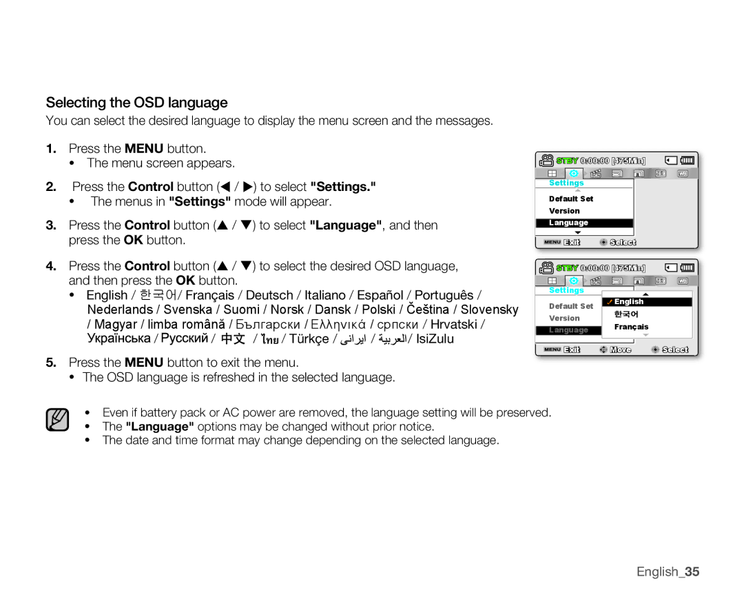 Samsung SMX-K40SN, SMX-K44SN, SMX-K45SN, SMX-K40BN, SMX-K44LN, SMX-K40LN, SMX-K45LN, SMX-K45BN Selecting the OSD language 