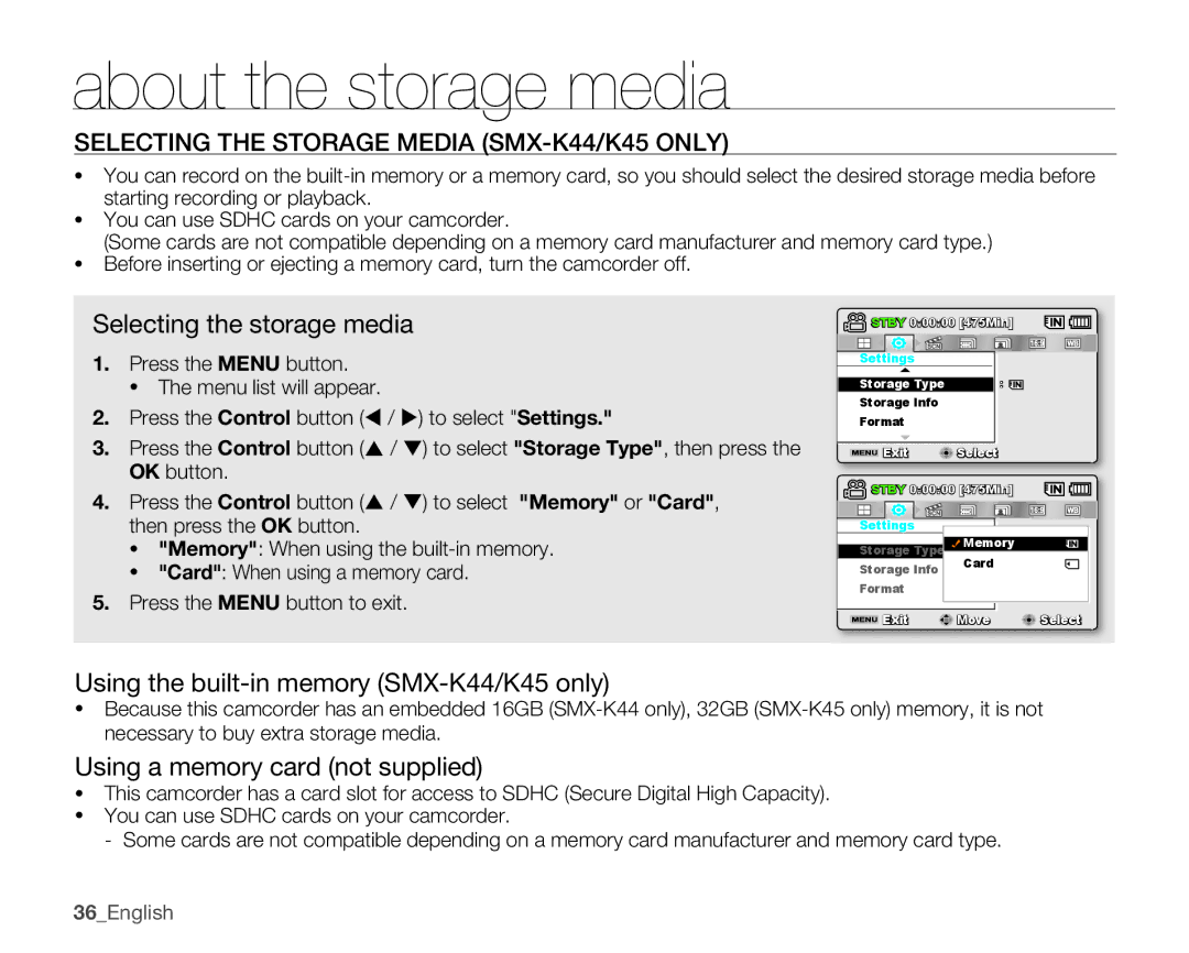 Samsung SMX-K40LN About the storage media, Selecting the Storage Media SMX-K44/K45 only, Selecting the storage media 