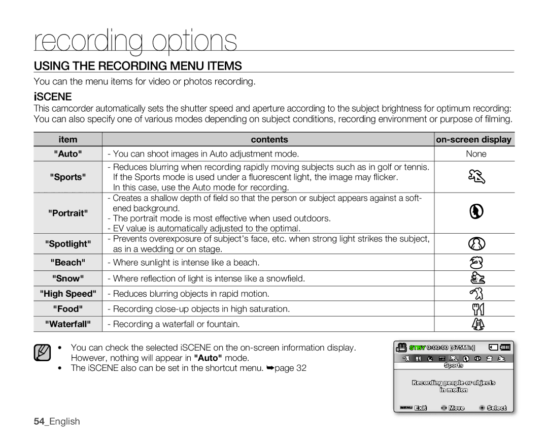 Samsung SMX-K40LN, SMX-K44SN Using the Recording Menu Items, Iscene, You can the menu items for video or photos recording 