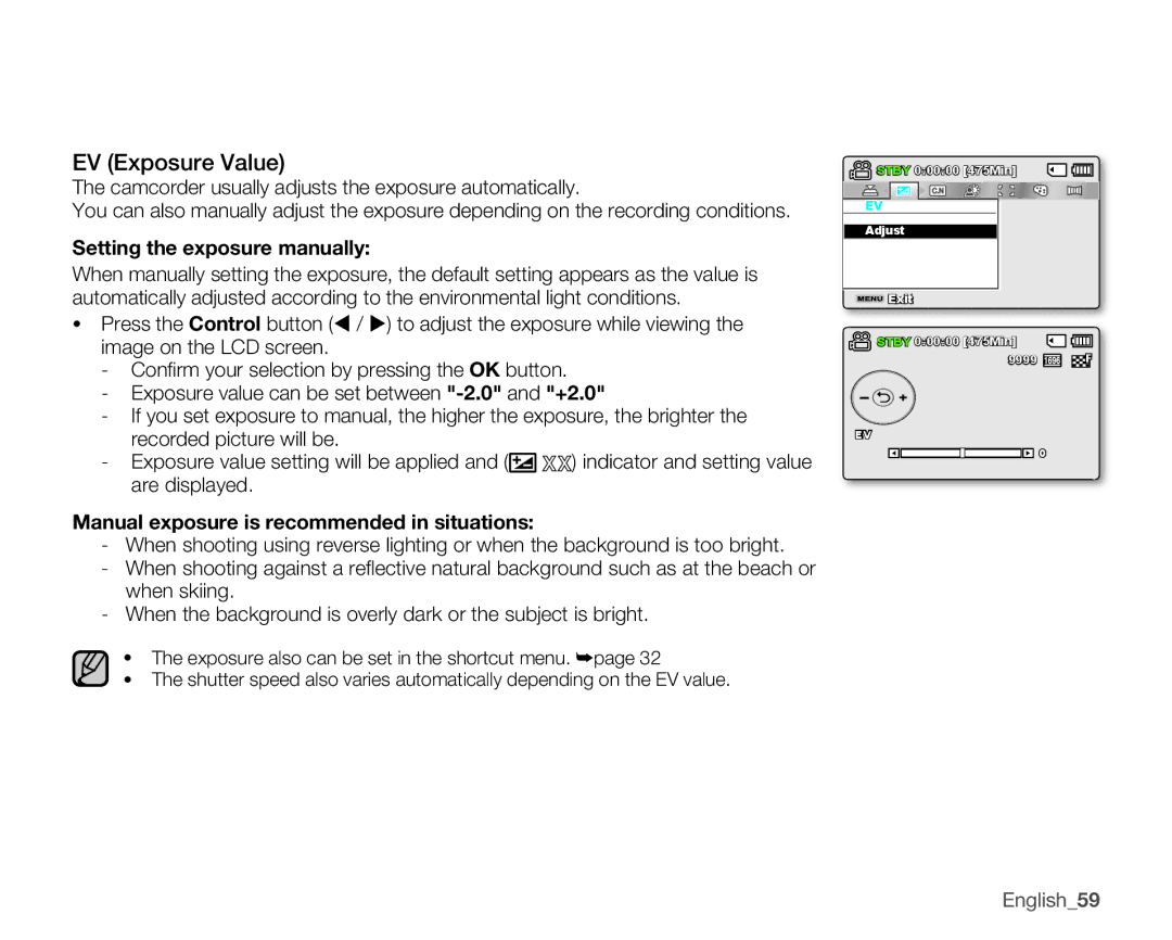 Samsung SMX-K45SN EV Exposure Value, Settingtheexposuremanually, Manualexposureisrecommendedinsituations 