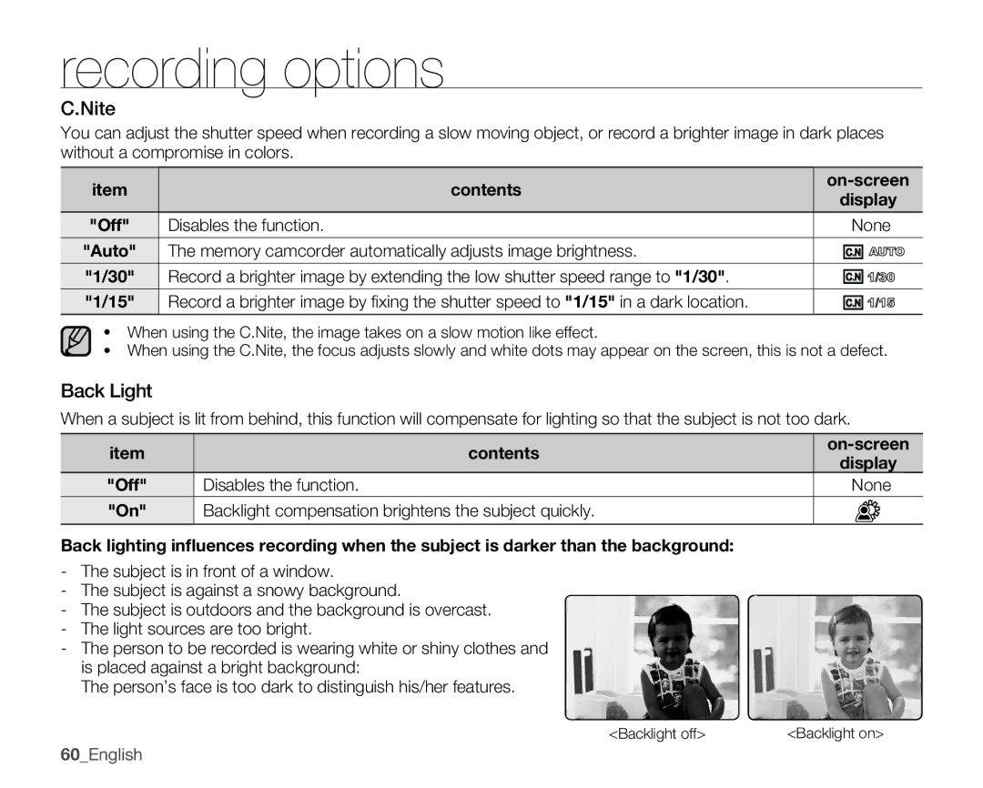 Samsung SMX-K40BN, SMX-K44SN, SMX-K45SN, SMX-K44LN, SMX-K40SN, SMX-K40LN, SMX-K45LN, SMX-K45BN Nite, Back Light, Contents 