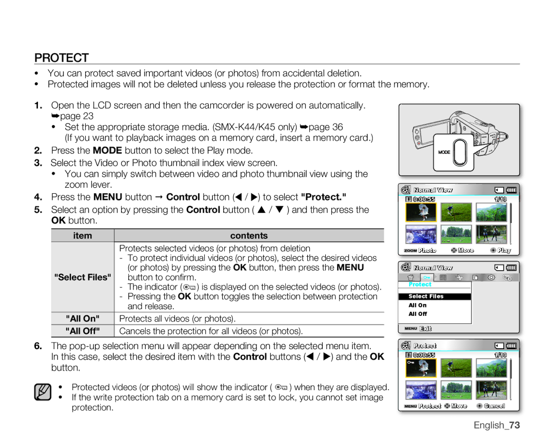 Samsung SMX-K45LN, SMX-K44SN, SMX-K45SN Memory, Protects selected videos or photos from deletion, SelectFiles 