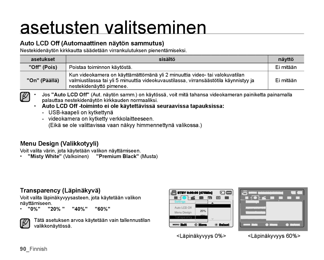 Samsung SMX-K45BP/EDC manual Auto LCD Off Automaattinen näytön sammutus, Menu Design Valikkotyyli, Transparency Läpinäkyvä 