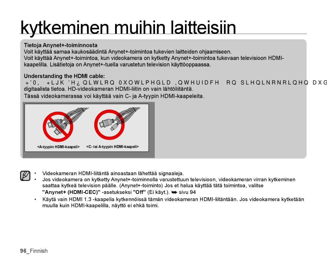 Samsung SMX-K40BP/EDC, SMX-K45BP/EDC, SMX-K40LP/EDC, SMX-K45LP/EDC Tietoja Anynet+-toiminnosta, Understanding the Hdmi cable 