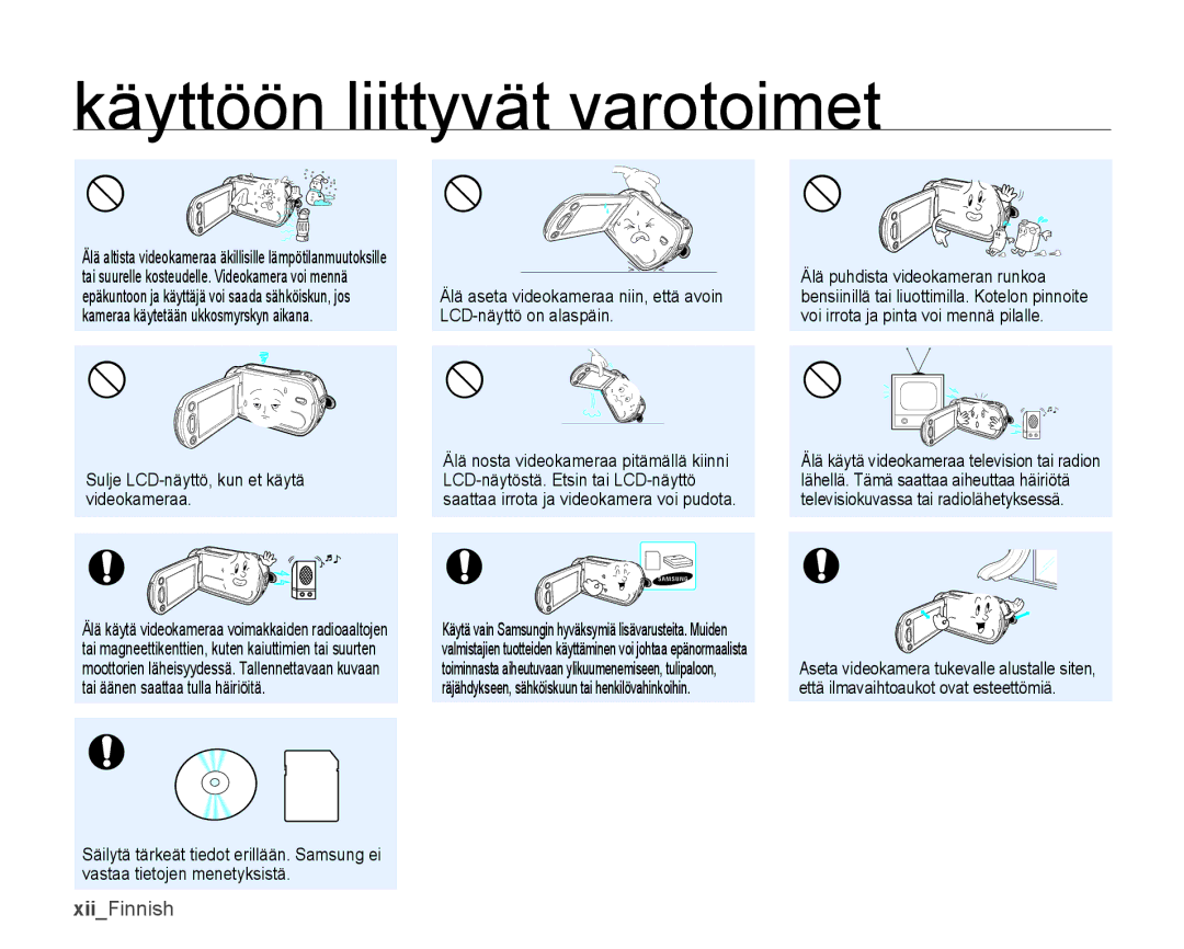 Samsung SMX-K45BP/EDC, SMX-K40LP/EDC, SMX-K40BP/EDC, SMX-K45LP/EDC manual XiiFinnish 