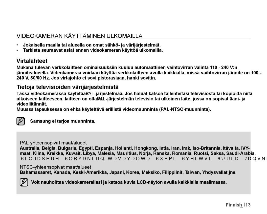 Samsung SMX-K45LP/EDC Videokameran Käyttäminen Ulkomailla, PAL-yhteensopivat maat/alueet, NTSC-yhteensopivat maat/alueet 