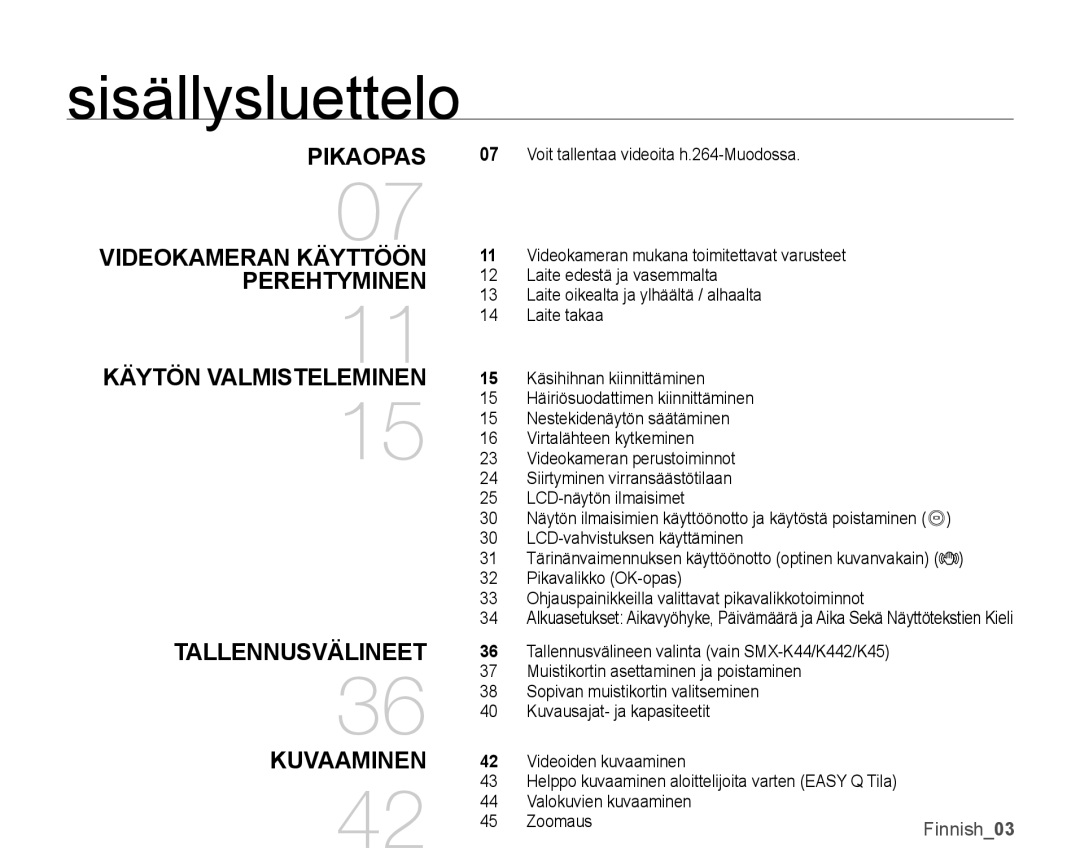 Samsung SMX-K40LP/EDC, SMX-K45BP/EDC, SMX-K40BP/EDC, SMX-K45LP/EDC manual Sisällysluettelo, Tallennusvälineet, Kuvaaminen 