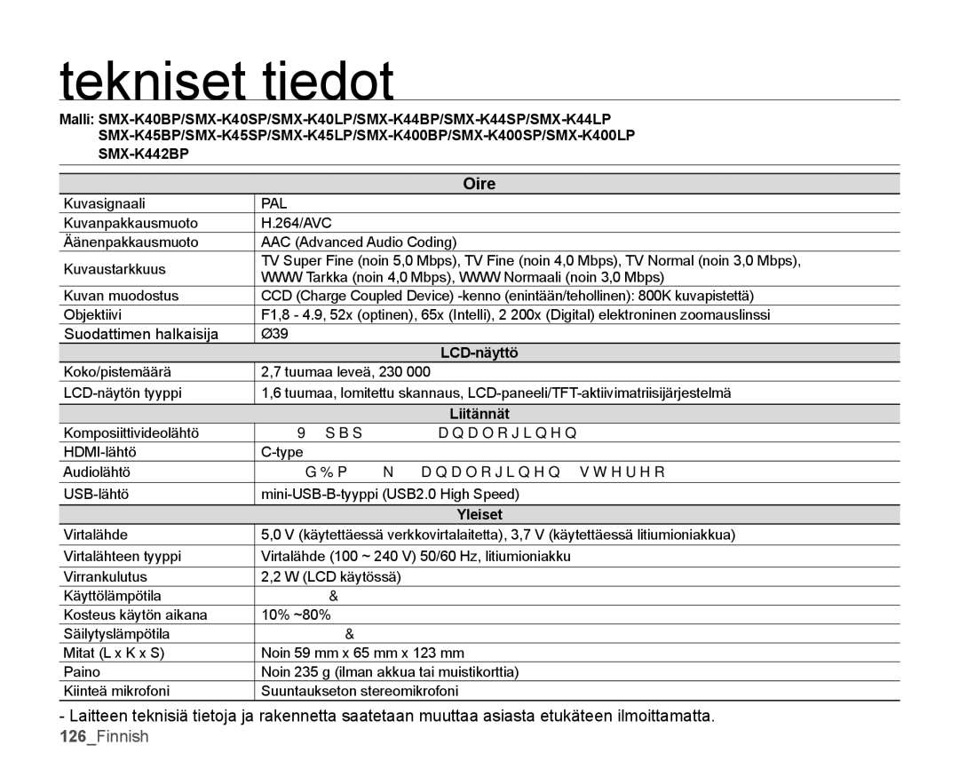 Samsung SMX-K45BP/EDC, SMX-K40LP/EDC, SMX-K40BP/EDC, SMX-K45LP/EDC manual Tekniset tiedot, Yleiset 