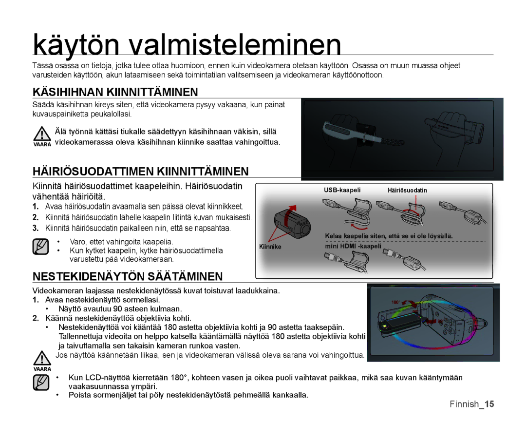 Samsung SMX-K40LP/EDC, SMX-K45BP/EDC Käytön valmisteleminen, Käsihihnan Kiinnittäminen, Häiriösuodattimen Kiinnittäminen 