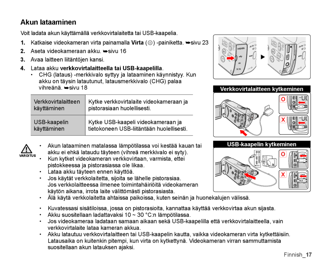 Samsung SMX-K45LP/EDC, SMX-K45BP/EDC, SMX-K40LP/EDC Akun lataaminen, Lataa akku verkkovirtalaitteella tai USB-kaapelilla 