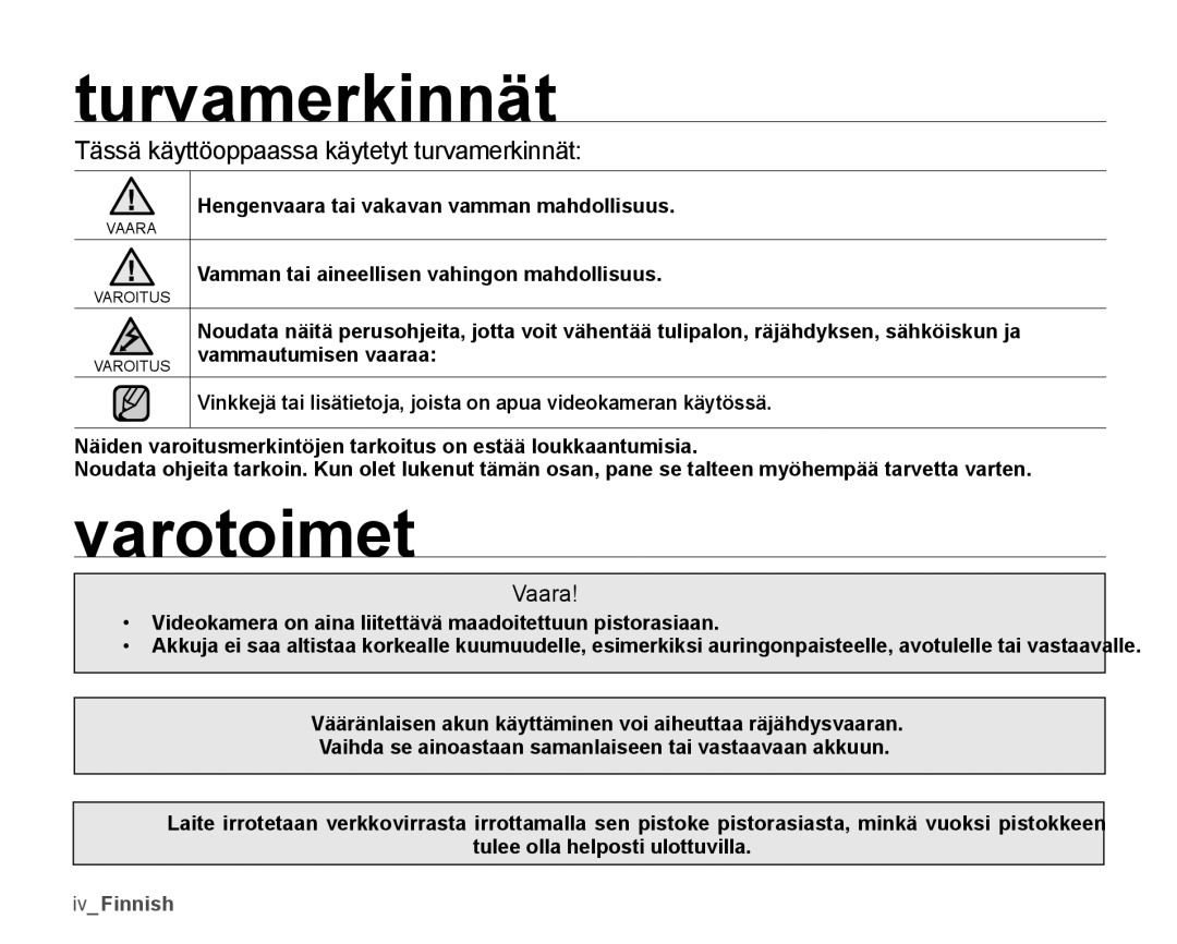 Samsung SMX-K45BP/EDC, SMX-K40LP/EDC manual Turvamerkinnät, Varotoimet, Tässä käyttöoppaassa käytetyt turvamerkinnät, Vaara 