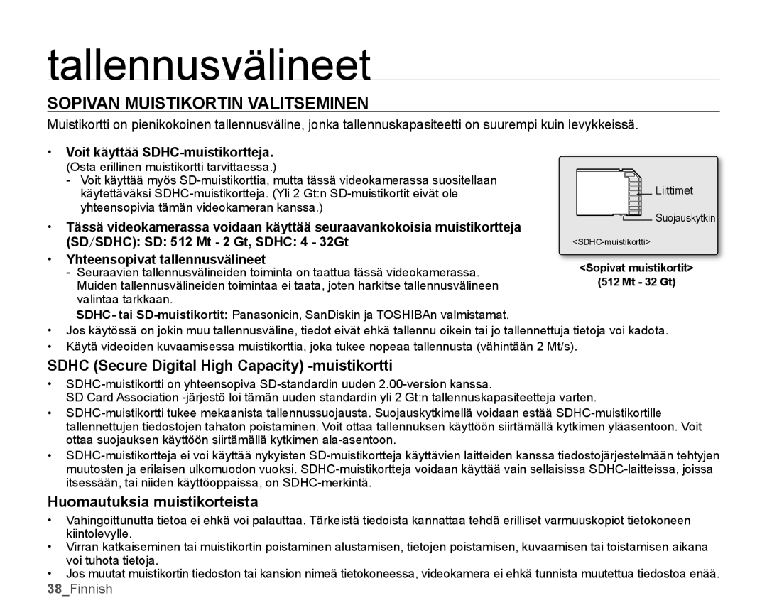 Samsung SMX-K45BP/EDC, SMX-K40LP/EDC Sopivan Muistikortin Valitseminen, Sdhc Secure Digital High Capacity -muistikortti 