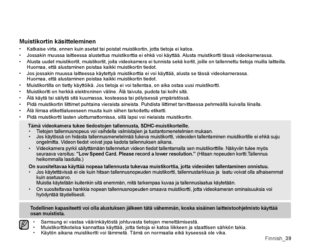 Samsung SMX-K40LP/EDC, SMX-K45BP/EDC, SMX-K40BP/EDC, SMX-K45LP/EDC manual Muistikortin käsitteleminen 