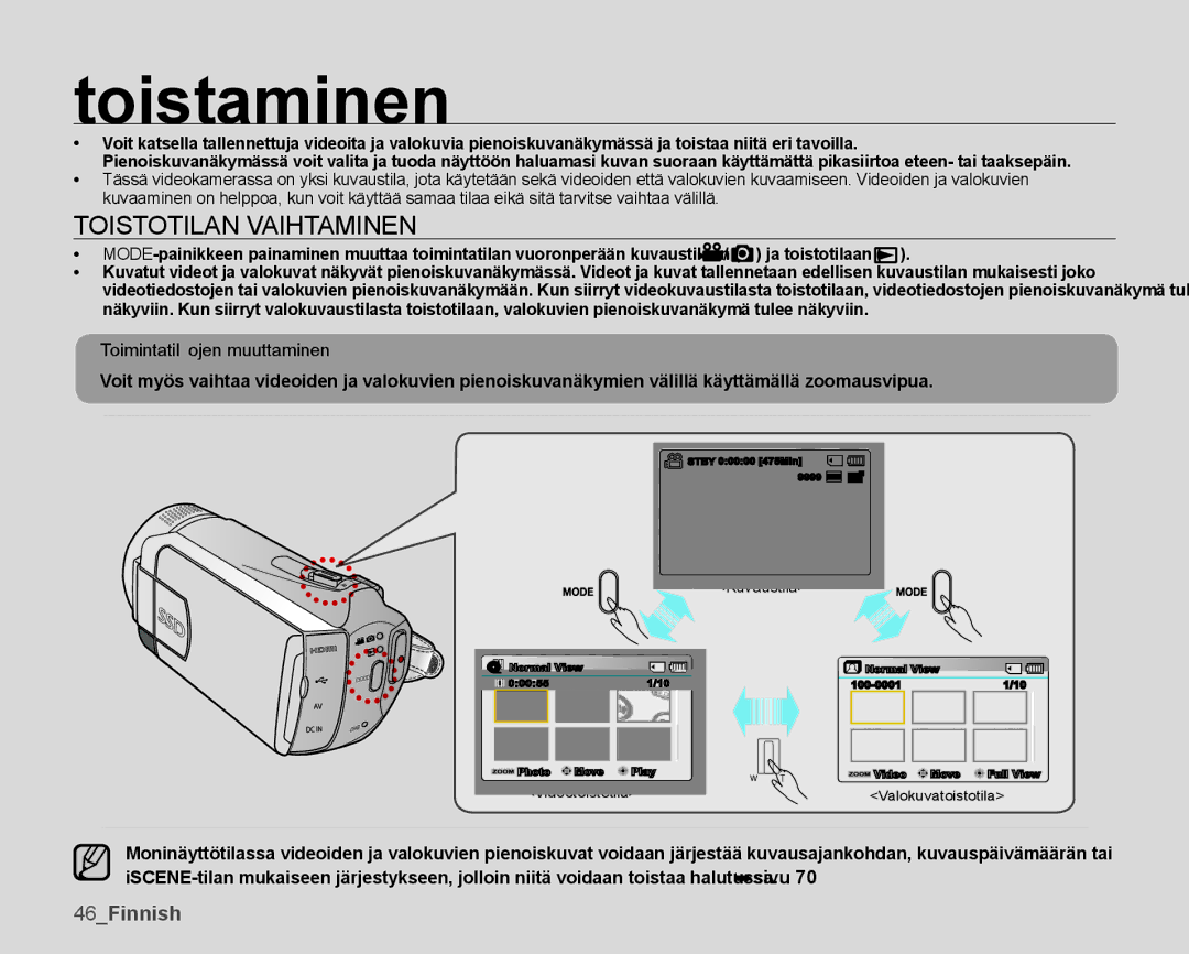 Samsung SMX-K45BP/EDC, SMX-K40LP/EDC, SMX-K40BP/EDC manual Toistaminen, Toistotilan Vaihtaminen, Toimintatilojen muuttaminen 