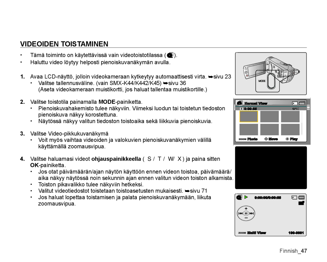 Samsung SMX-K40LP/EDC, SMX-K45BP/EDC, SMX-K40BP/EDC, SMX-K45LP/EDC manual Videoiden Toistaminen 