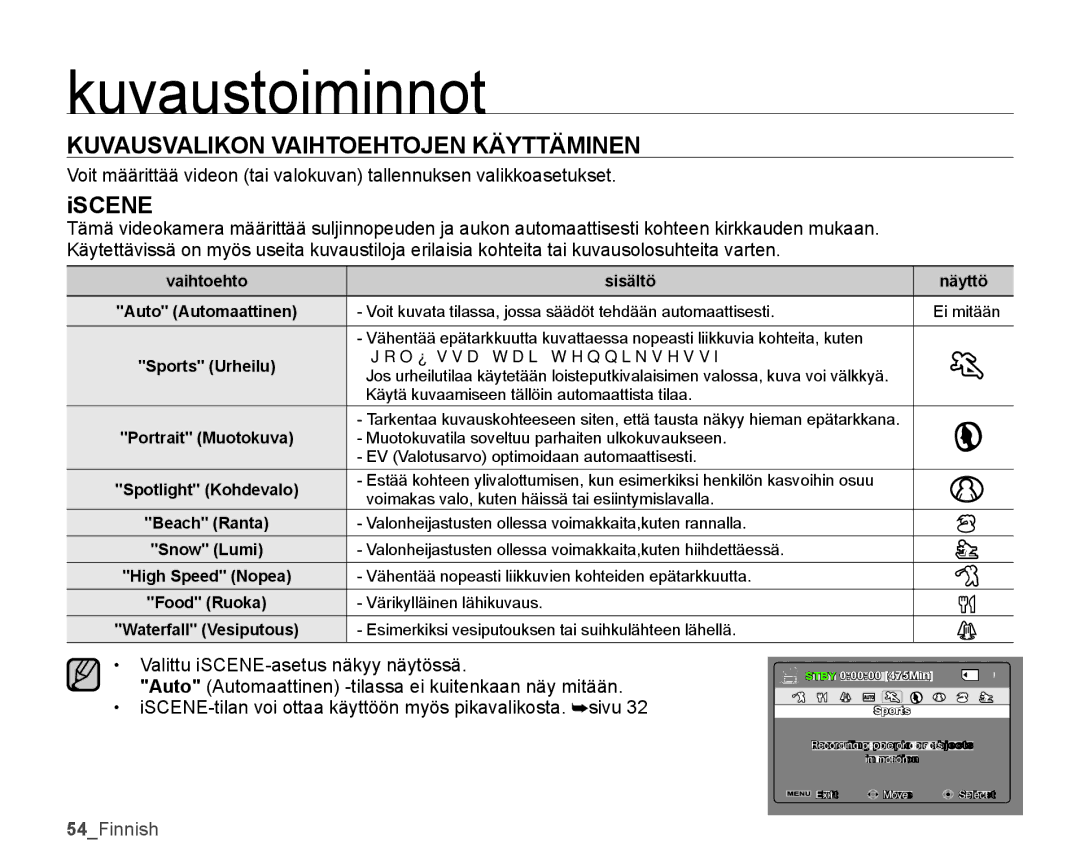 Samsung SMX-K45BP/EDC, SMX-K40LP/EDC Kuvausvalikon Vaihtoehtojen Käyttäminen, Iscene, Sisältö Näyttö Auto Automaattinen 