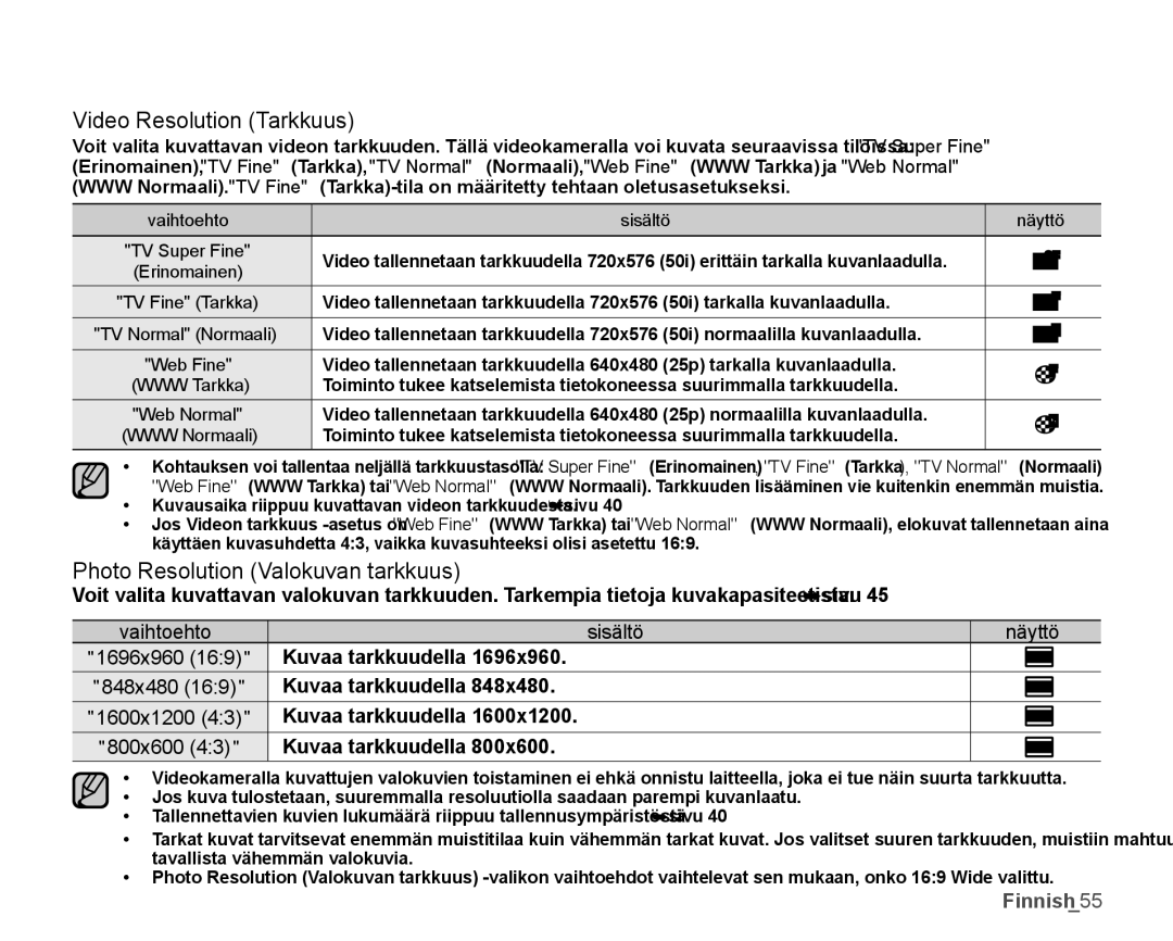 Samsung SMX-K40LP/EDC, SMX-K45BP/EDC manual Video Resolution Tarkkuus, Photo Resolution Valokuvan tarkkuus, Vaihtoehto 