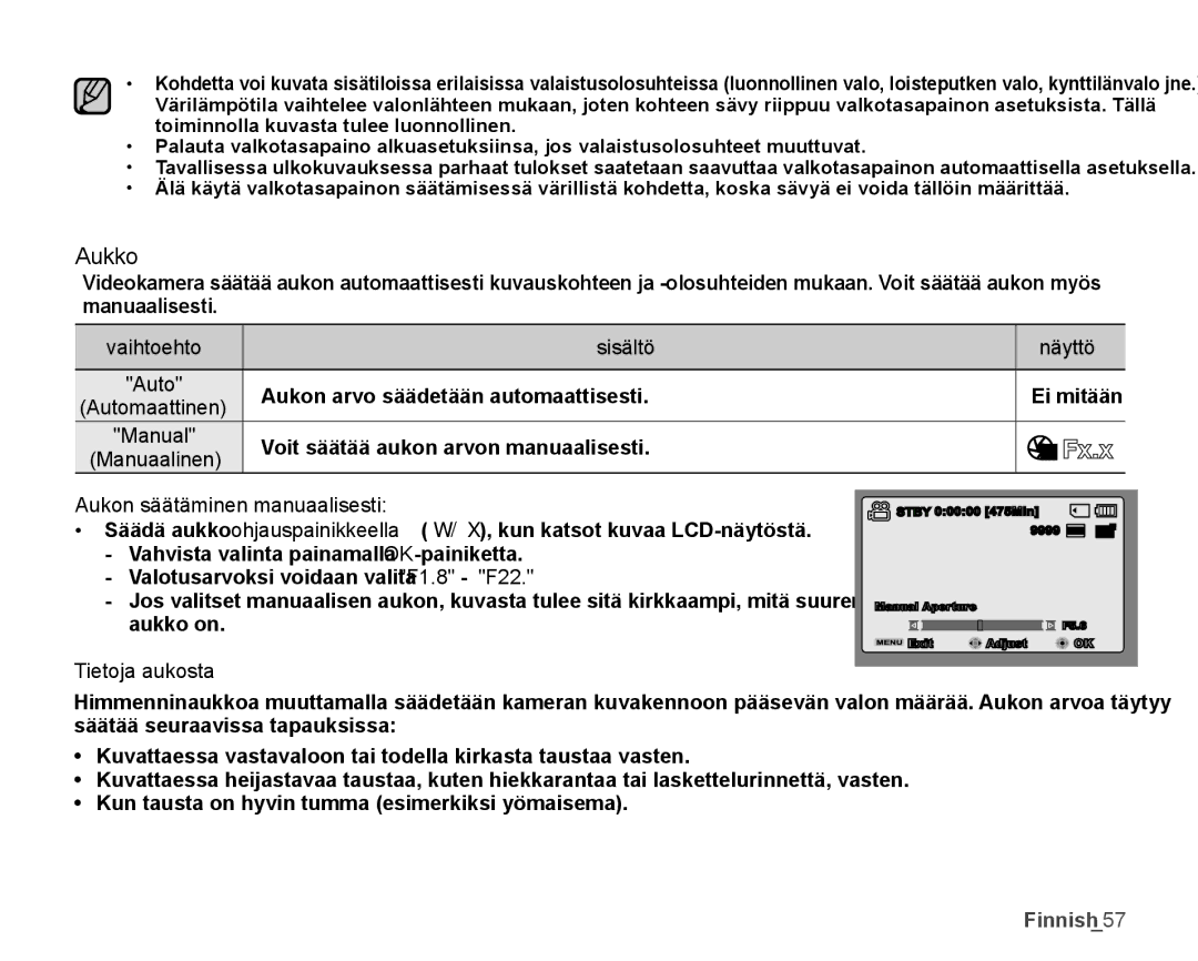 Samsung SMX-K45LP/EDC Aukko, Aukon arvo säädetään automaattisesti, Voit säätää aukon arvon manuaalisesti, Tietoja aukosta 