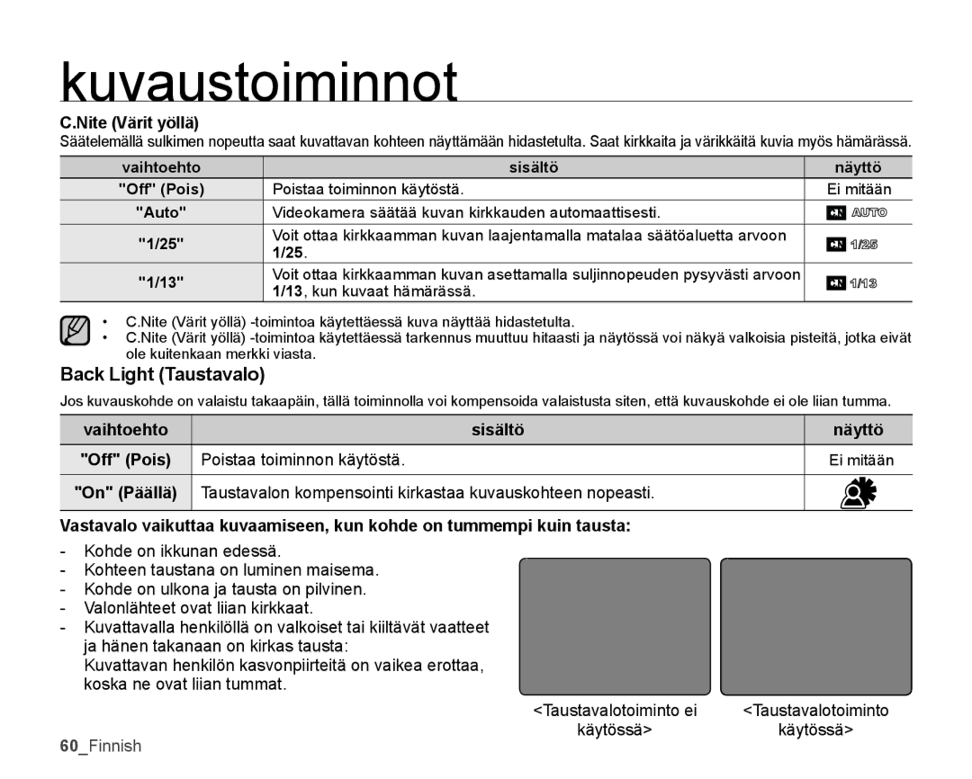 Samsung SMX-K40BP/EDC Back Light Taustavalo, Nite Värit yöllä, Vaihtoehto Sisältö, Poistaa toiminnon käytöstä, Käytössä 