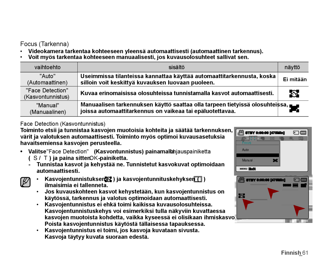 Samsung SMX-K45LP/EDC manual Focus Tarkenna, Vaihtoehto Sisältö Näyttö, Silloin voit keskittyä kuvauksen luovaan puoleen 