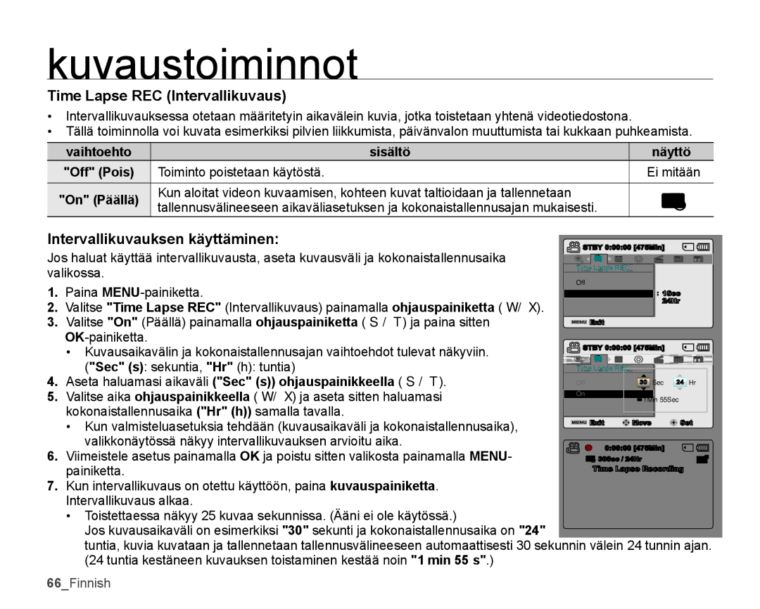 Samsung SMX-K45BP/EDC, SMX-K40LP/EDC, SMX-K40BP/EDC manual Time Lapse REC Intervallikuvaus, Intervallikuvauksen käyttäminen 