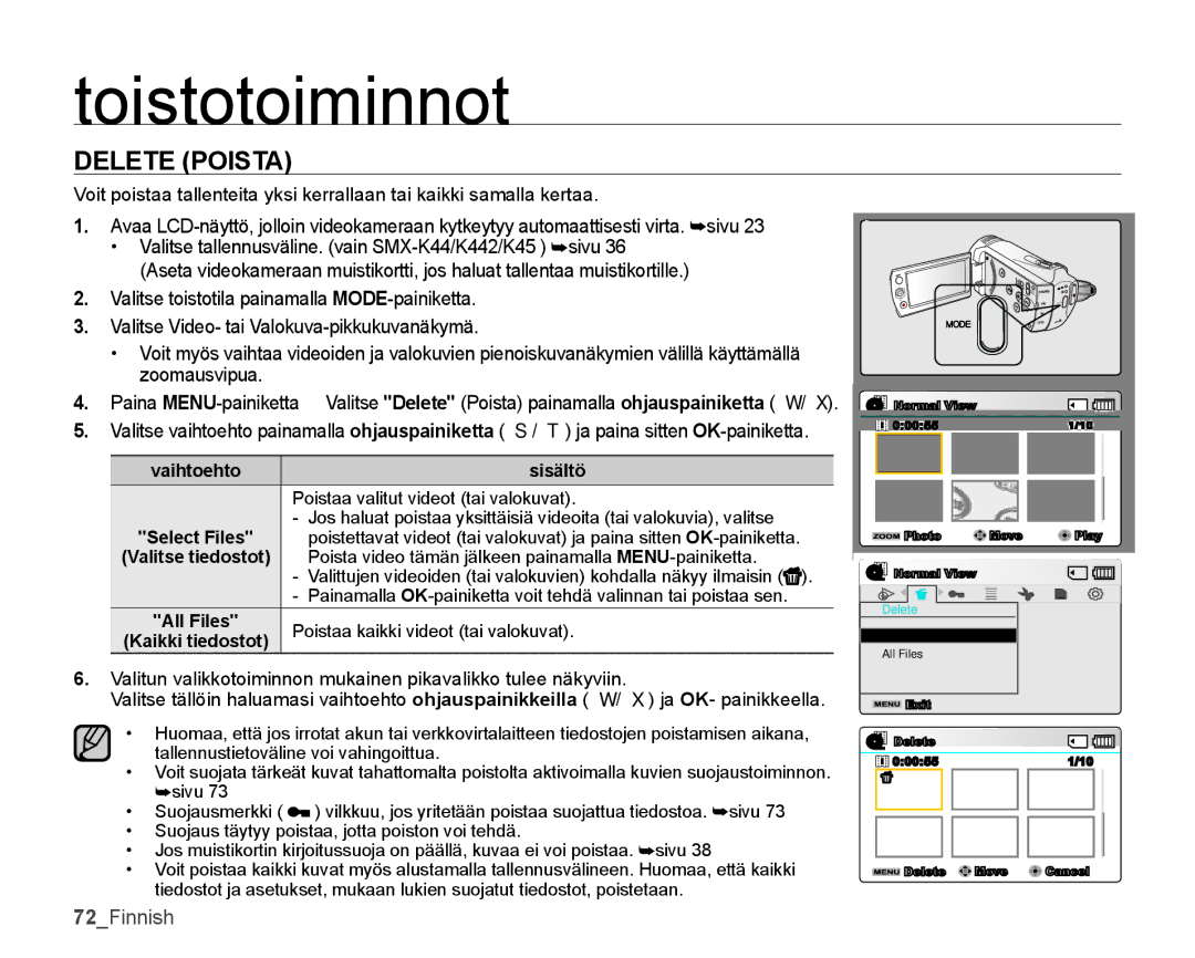 Samsung SMX-K40BP/EDC, SMX-K45BP/EDC, SMX-K40LP/EDC, SMX-K45LP/EDC manual Delete Poista, Vaihtoehto Sisältö, All Files 