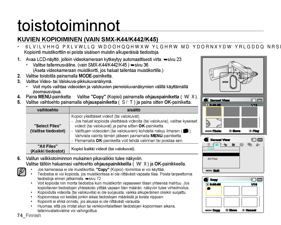 Samsung SMX-K45BP/EDC, SMX-K40LP/EDC, SMX-K40BP/EDC, SMX-K45LP/EDC manual Kuvien Kopioiminen Vain SMX-K44/K442/K45 