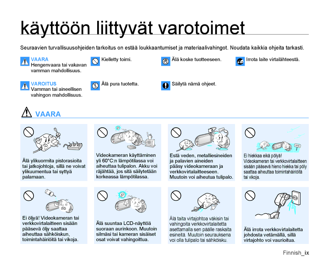 Samsung SMX-K40LP/EDC, SMX-K45BP/EDC, SMX-K40BP/EDC, SMX-K45LP/EDC manual Käyttöön liittyvät varotoimet, Varoitus 