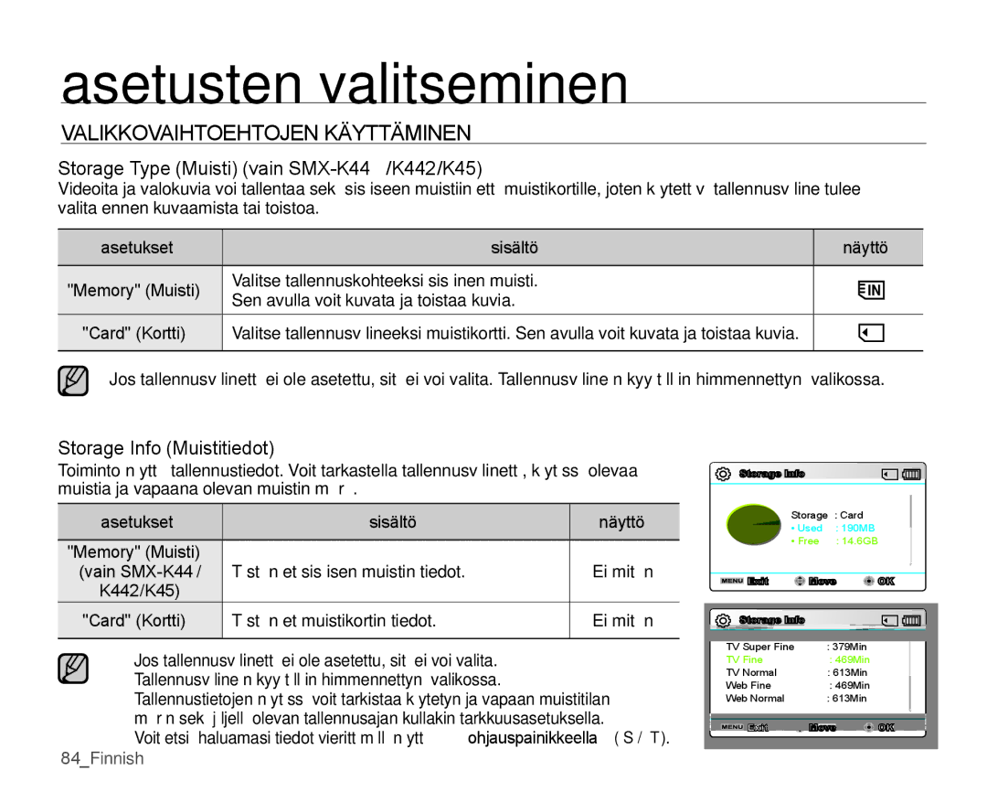 Samsung SMX-K40BP/EDC, SMX-K45BP/EDC manual Valikkovaihtoehtojen Käyttäminen, Storage Type Muisti vain SMX-K44/K442/K45 