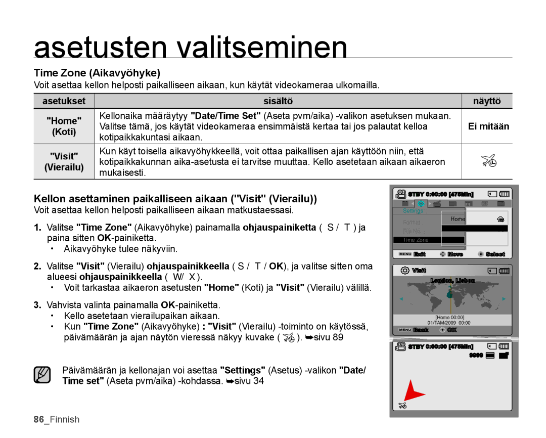 Samsung SMX-K45BP/EDC manual Time Zone Aikavyöhyke, Kellon asettaminen paikalliseen aikaan Visit Vierailu, Mukaisesti 