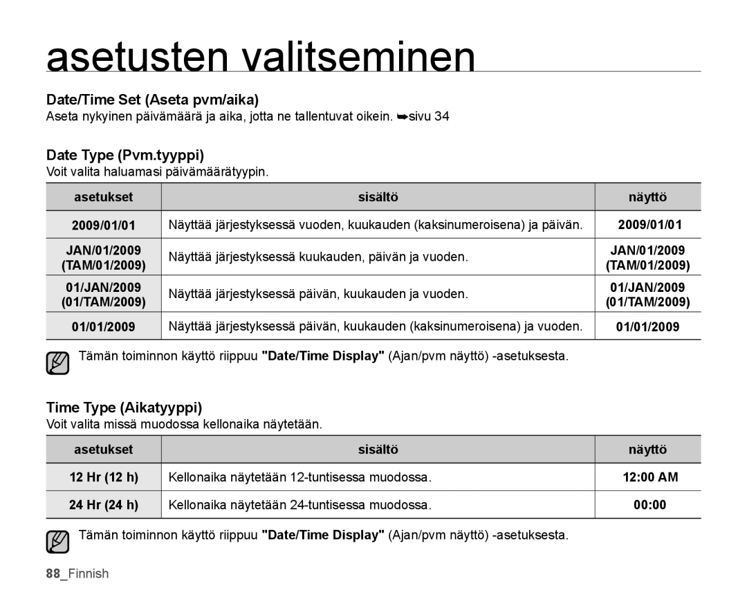 Samsung SMX-K40BP/EDC, SMX-K45BP/EDC manual Date/Time Set Aseta pvm/aika, Date Type Pvm.tyyppi, Time Type Aikatyyppi 