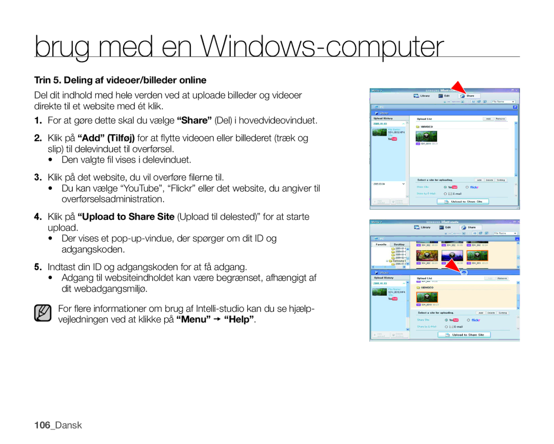Samsung SMX-K45BP/EDC, SMX-K40LP/EDC, SMX-K40BP/EDC, SMX-K45LP/EDC manual Trin 5. Deling af videoer/billeder online 