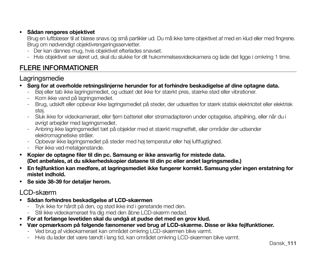 Samsung SMX-K40LP/EDC, SMX-K45BP/EDC manual Flere Informationer, Lagringsmedie, LCD-skærm, Sådan rengøres objektivet 