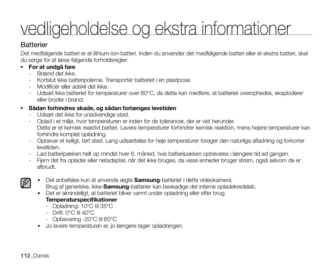 Samsung SMX-K40BP/EDC, SMX-K45BP/EDC Batterier, For at undgå fare, Sådan forhindres skade, og sådan forlænges levetiden 