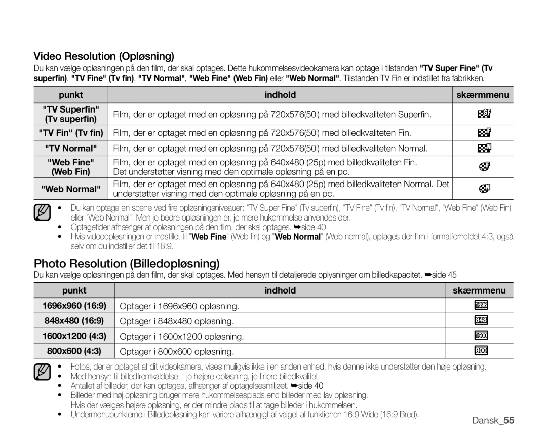 Samsung SMX-K40LP/EDC, SMX-K45BP/EDC, SMX-K40BP/EDC manual Photo Resolution Billedopløsning, Video Resolution Opløsning 