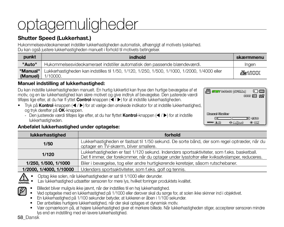 Samsung SMX-K45BP/EDC Shutter Speed Lukkerhast, Manuel indstilling af lukkerhastighed, 10000, Lukkerhastighed Forhold 