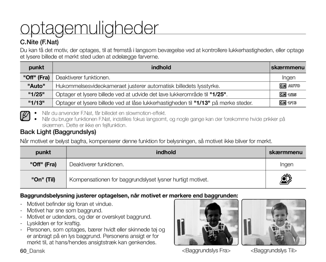 Samsung SMX-K40BP/EDC, SMX-K45BP/EDC manual Nite F.Nat, Back Light Baggrundslys, Punkt Indhold, Deaktiverer funktionen Ingen 