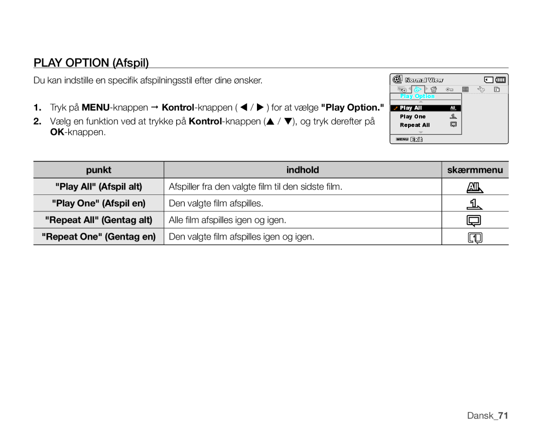 Samsung SMX-K40LP/EDC Play Option Afspil, Afspiller fra den valgte fi lm til den sidste fi lm, Den valgte fi lm afspilles 