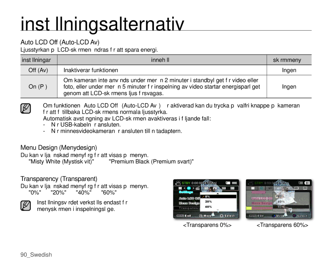 Samsung SMX-K45BP/EDC, SMX-K40LP/EDC manual Auto LCD Off Auto-LCD Av, Menu Design Menydesign, Transparency Transparent 