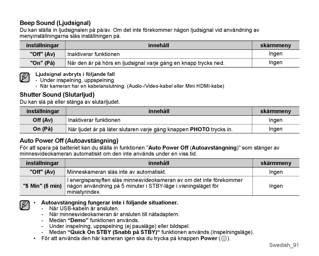 Samsung SMX-K40LP/EDC manual Beep Sound Ljudsignal, Shutter Sound Slutarljud, Auto Power Off Autoavstängning, Min 5 min 